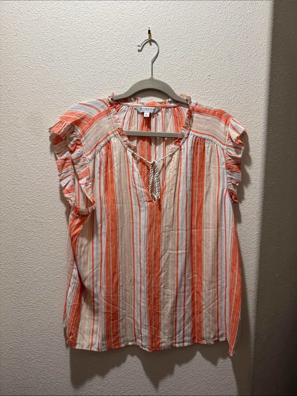 Liverpool Women's Orange Stripe V-Neck Ruffle Sleeve Top